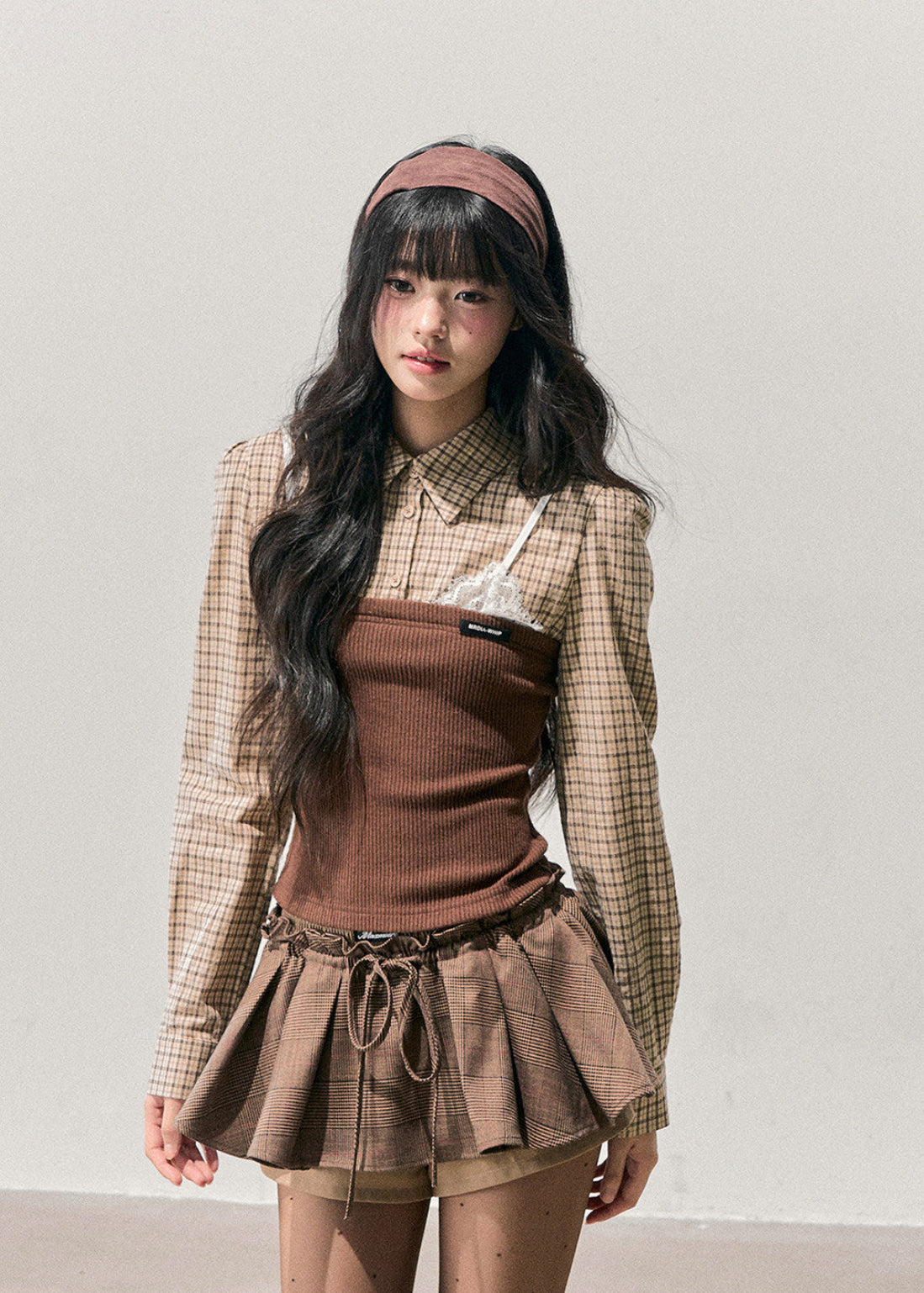 AOMALM knit top, Korean feminine top, plaid knit shirt women, fake layered top, autumn winter knitwear, Korean style long sleeve top, slimming knit blouse, soft feminine fashion, winter plaid top women, aesthetic Korean clothing, layered look knit top, slim fit winter top, cozy knit women, cute Korean outfit, everyday winter top