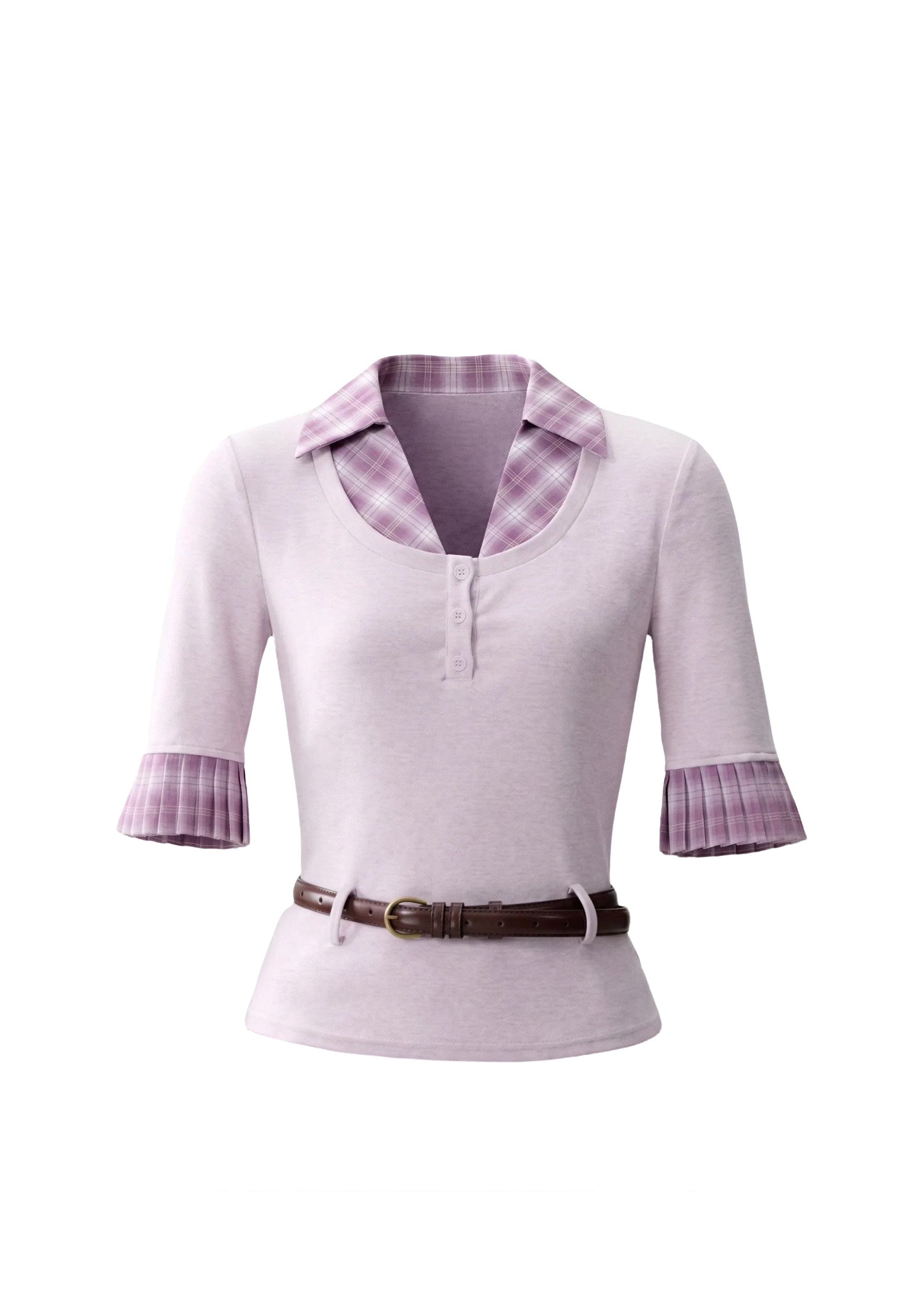 fragileheart set, purple plaid two piece set, korean academy outfit, plaid shirt skirt set, feminine korean fashion, campus style set, slim shirt top, plaid mini skirt set, soft girl outfit, korean preppy set, lavender plaid set, romantic collegiate outfit
