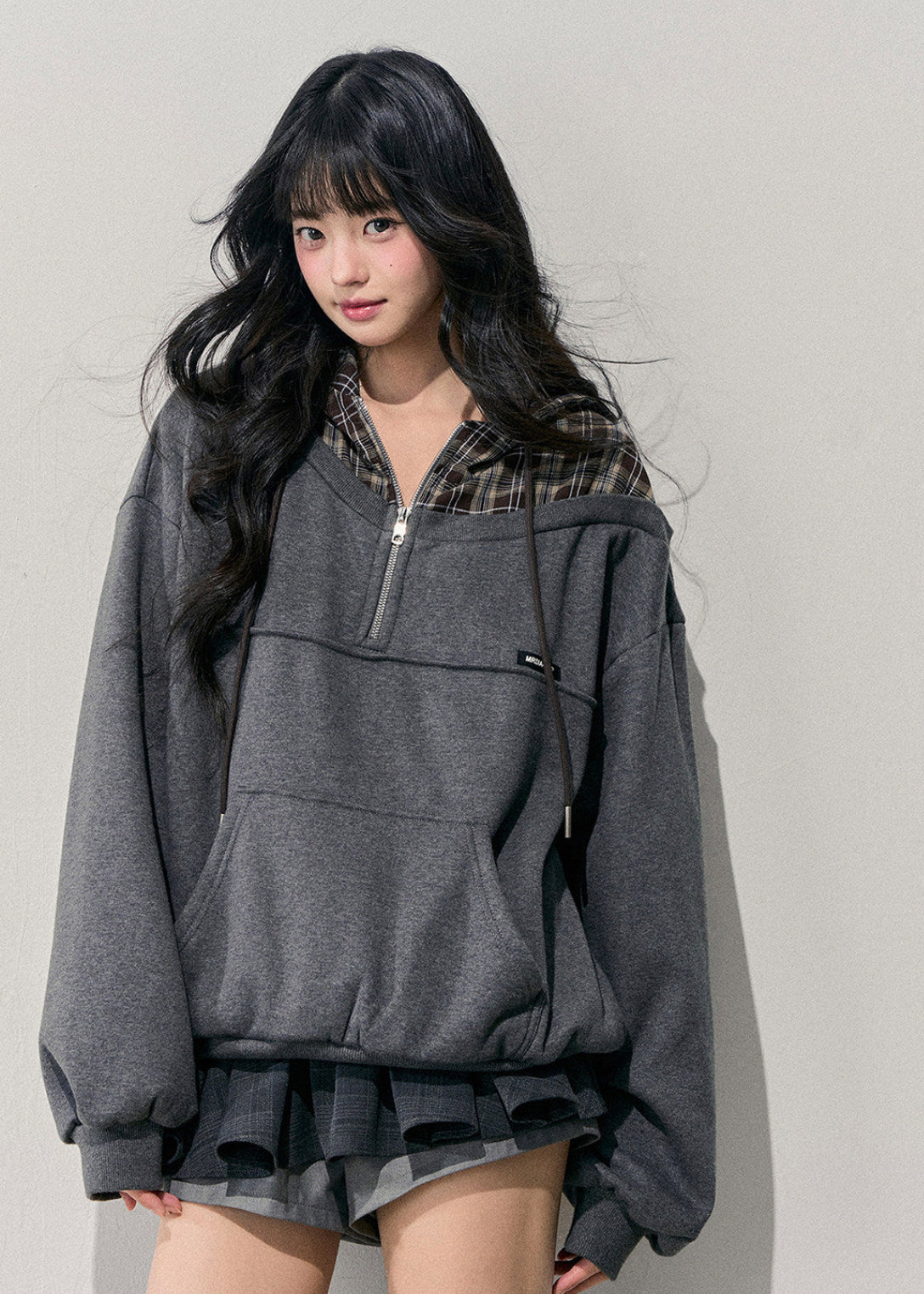 AOMALM hoodie, Korean hoodie women, fake two piece hoodie, plaid hoodie women, oversized sweatshirt, winter hoodie women, Korean casual top, fleece hoodie women, layered hoodie style, soft feminine hoodie, half zip sweatshirt, grey hoodie outfit, winter casual wear women, Korean street fashion hoodie, cozy winter sweatshirt