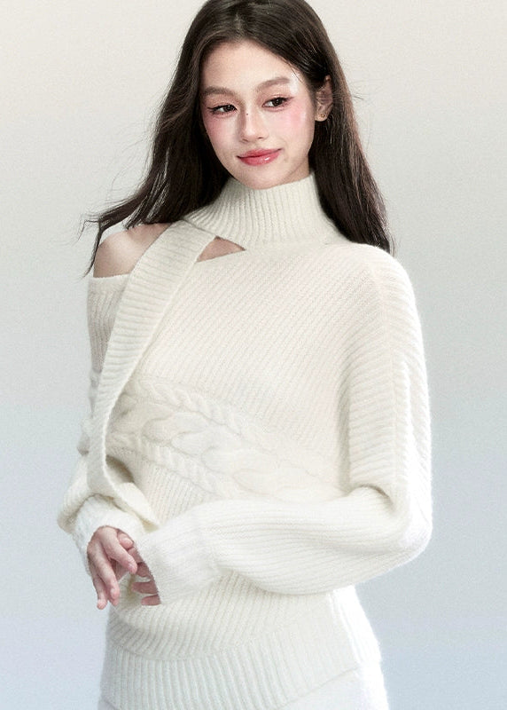 Fragileheart knit set, ivory scarf sweater, luxury Korean fashion, quiet luxury womenswear, bat sleeve knit top, pastel noir aesthetic, winter soft outfit, elegant white sweater set, K-fashion 2025, minimalist luxury knitwear, off-shoulder knit top, cozy feminine fashion, modern Korean outfit, refined winter style
