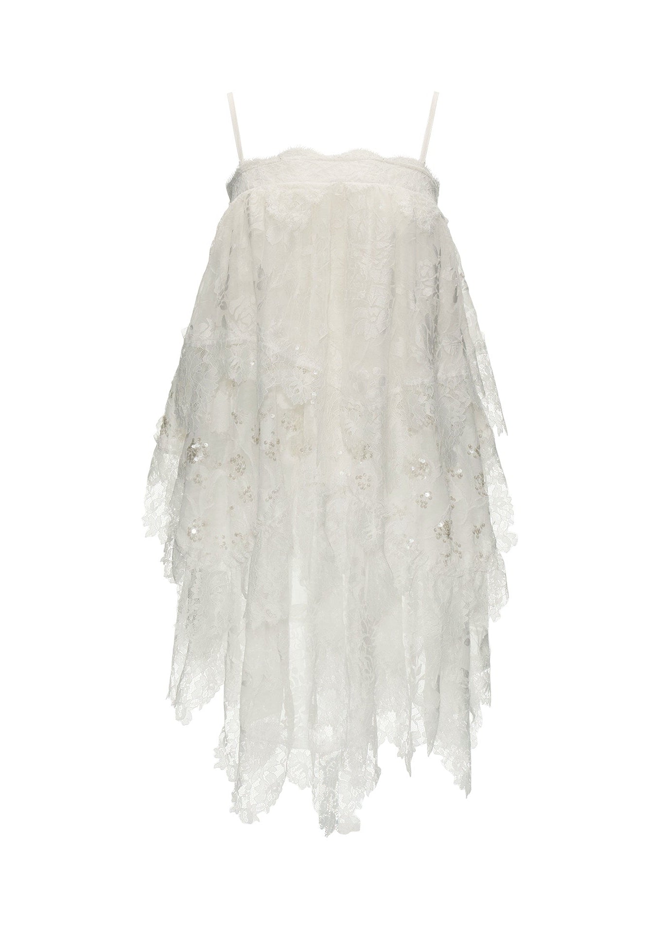 Front view of a white lace mini dress with delicate straps