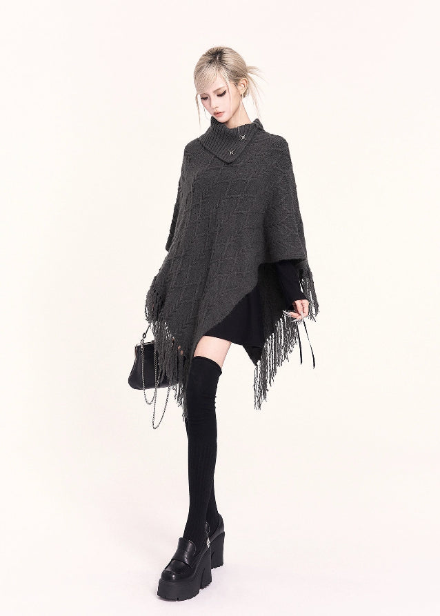 VOCK, y2k fashion, Korean style sweater, fringe cape sweater, knit shawl top, high neck poncho, asymmetric sweater, gothic knitwear, winter kawaii fashion, edgy streetwear top, Korean winter outfit, aesthetic dark fashion, high collar knit, poncho sweater women, irregular hem sweater, trendy winter tops women, Seoul fashion knit