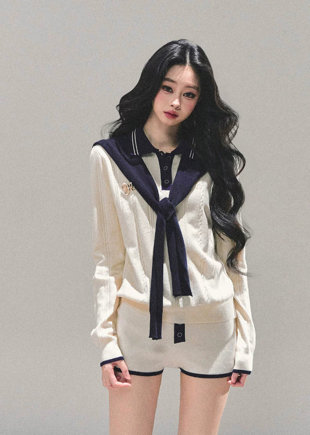 AOMALM knit set, AOMALM morning mist knit, Korean preppy knit outfit, cream navy knit two piece, varsity knit short set, autumn winter knit co ord, soft girl Korean fashion, long sleeve knit top and shorts, K fashion loungewear set, cozy college style outfit, feminine Korean knitwear, Seoul street preppy style, Korean knit shorts set, cute knit two piece for winter, soft knit polo top