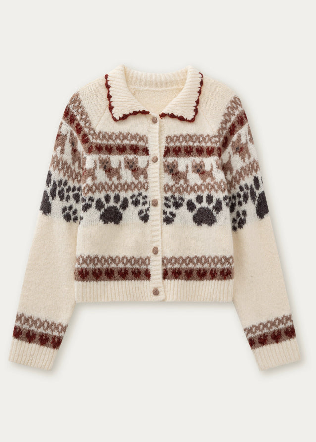 SunsetPark knit set, puppy fair isle sweater, vintage preppy knit outfit, cute winter knit set, Korean girly knitwear, warm cozy knit two piece, fair isle dog pattern sweater, puppy pattern cardigan and skirt, AW preppy knit style, feminine winter clothing, soft warm knit outfit, cute college girl knit set, brown fair isle knit, ivory fair isle knit