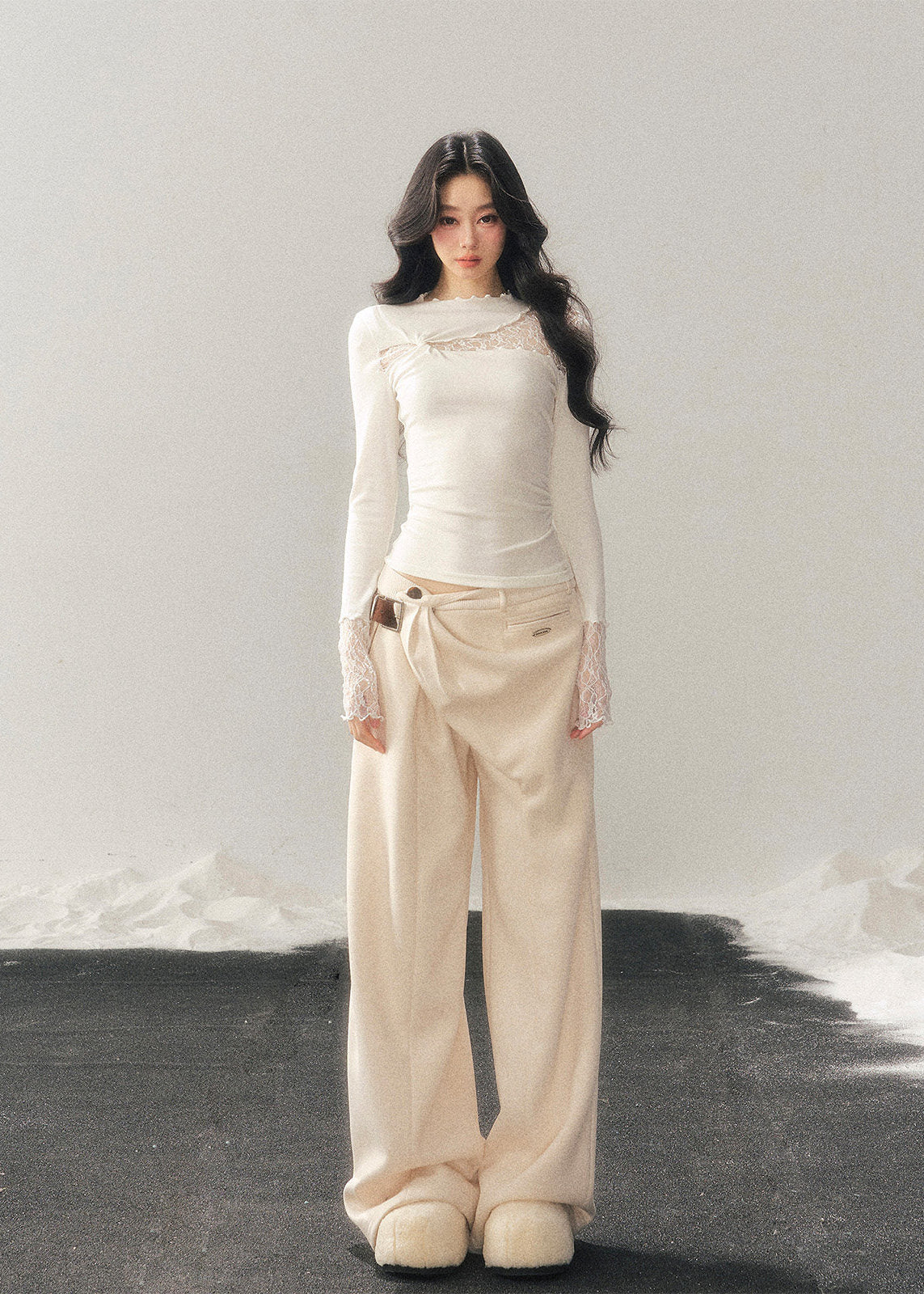 AOMALM lace top, semi turtleneck lace shirt, sheer knit women top, winter slim fit top, Korean feminine top, French style lace blouse, sexy winter base top, women layering top, hollow lace knit shirt, elegant winter inner top, slim silhouette knitwear, soft feminine fashion, Korean aesthetic clothing, winter lace turtleneck, women slim knit top