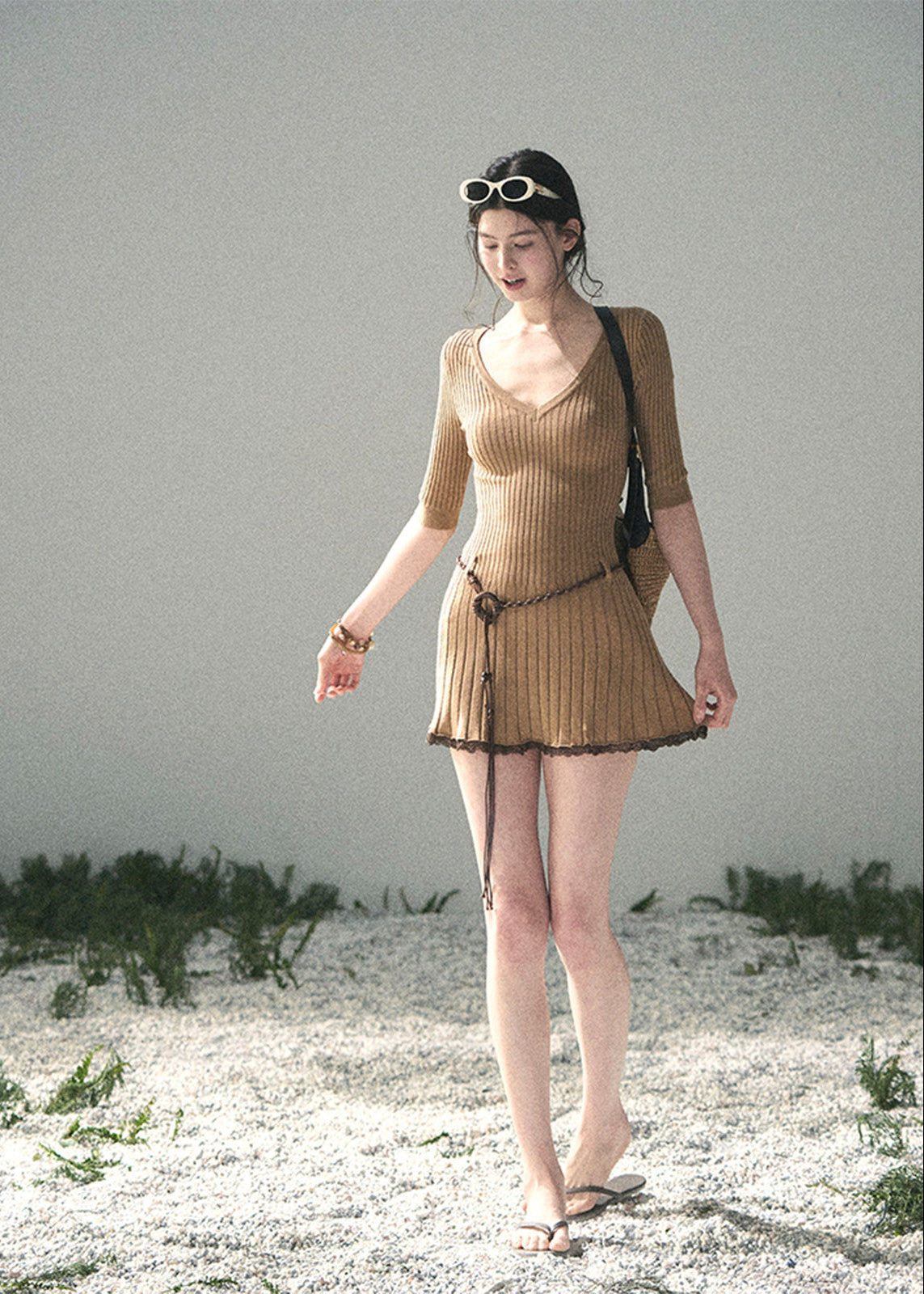 korean knit dress, ribbed mini dress, v neck knit dress, feminine summer dress, soft knit dress women, korean style dress, elegant casual dress, spring knit dress, slim fit mini dress, light mature women dress, refined feminine outfit, mocha knit dress