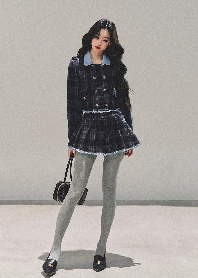 Proust Blue set, plaid suit set, collegiate jacket women, winter plaid skirt set, Korean two-piece outfit, AOMALM suit set, academic style outfit, Korean winter fashion, plaid mini skirt, tailored winter jacket, K-fashion set, blue plaid outfit, elegant winter outfit women, campus style clothing, wool blend jacket women, date outfit winter, Korean street style, cute two-piece set, winter feminine fashion, plaid matching set