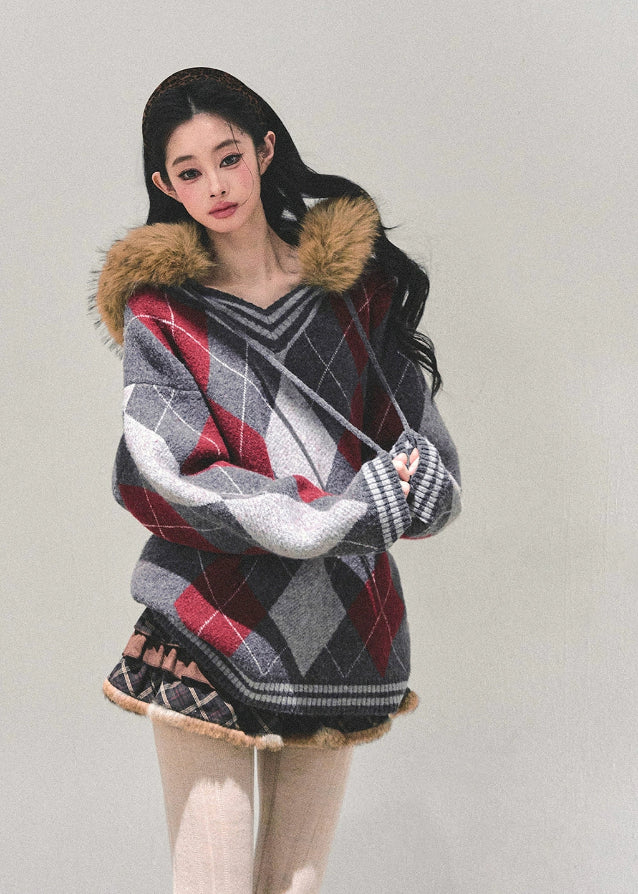 winter argyle sweater, Korean knit top, AOMALM sweater, women’s loose knit, autumn winter pullover, retro college sweater, oversized V-neck knit, diamond pattern sweater, warm winter top, Korean fashion 2025, preppy style sweater, soft knit pullover, cozy oversized sweater, streetwear knit top, feminine winter outfit, hot girl winter fashion, wool-like knit sweater, Korean argyle pullover, aesthetic winter top, cute winter sweaters for women