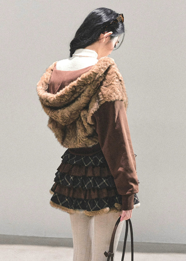 Korean jacket, lambswool jacket, fluffy cropped jacket, winter feminine coat, AOMALM jacket, Korean style outerwear, fur trim hoodie, cute winter jacket, warm fleece coat, short lamb fleece top, girly winter fashion, soft girl jacket, brown fluffy jacket, K-fashion outer, winter Korea outfit