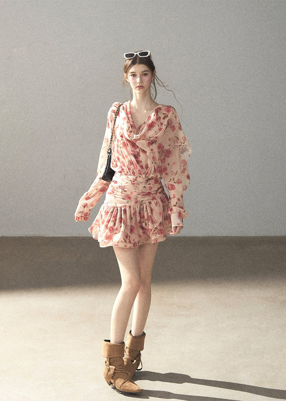 Pink floral chiffon mini dress with long sleeves