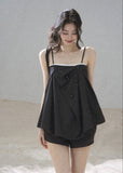 Black tailored cami and shorts set with contrasting white trim