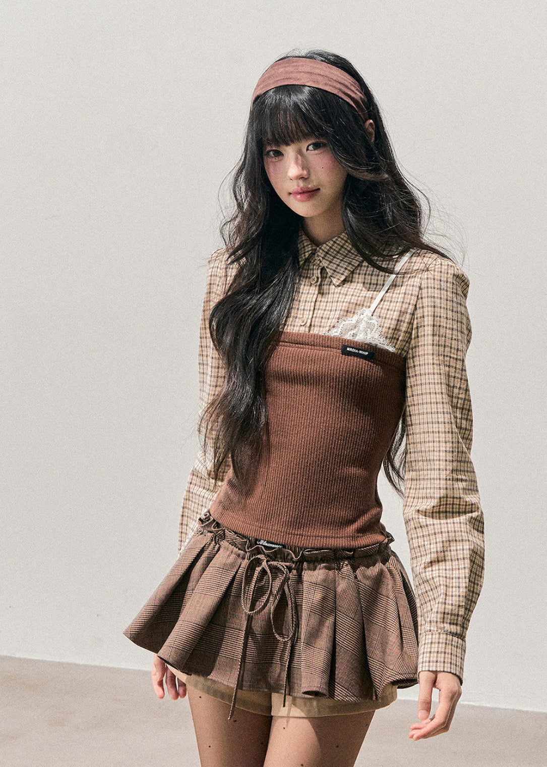 AOMALM knit top, Korean feminine top, plaid knit shirt women, fake layered top, autumn winter knitwear, Korean style long sleeve top, slimming knit blouse, soft feminine fashion, winter plaid top women, aesthetic Korean clothing, layered look knit top, slim fit winter top, cozy knit women, cute Korean outfit, everyday winter top