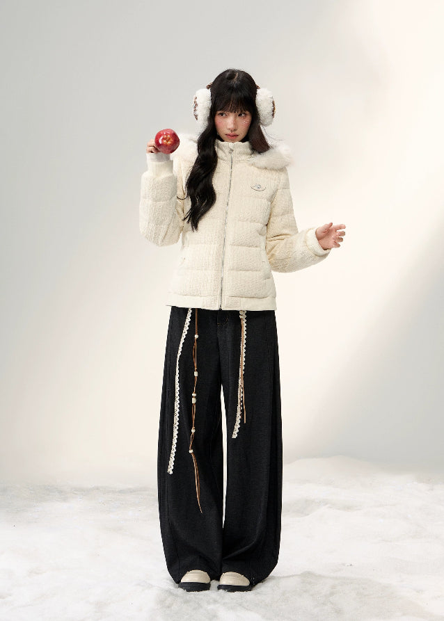 down jacket women, fur collar down jacket, Korean style puffer coat, winter warm hooded jacket, cable knit patchwork coat, soft wool puffer, feminine winter jacket, cute Korean jacket, fluffy hooded down coat, umoumo jacket, winter outerwear women, white down jacket, soft girl winter coat, warm puffer jacket women