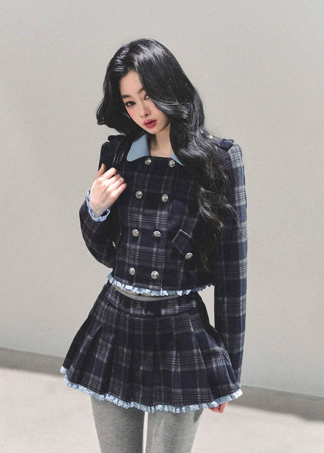 Proust Blue set, plaid suit set, collegiate jacket women, winter plaid skirt set, Korean two-piece outfit, AOMALM suit set, academic style outfit, Korean winter fashion, plaid mini skirt, tailored winter jacket, K-fashion set, blue plaid outfit, elegant winter outfit women, campus style clothing, wool blend jacket women, date outfit winter, Korean street style, cute two-piece set, winter feminine fashion, plaid matching set