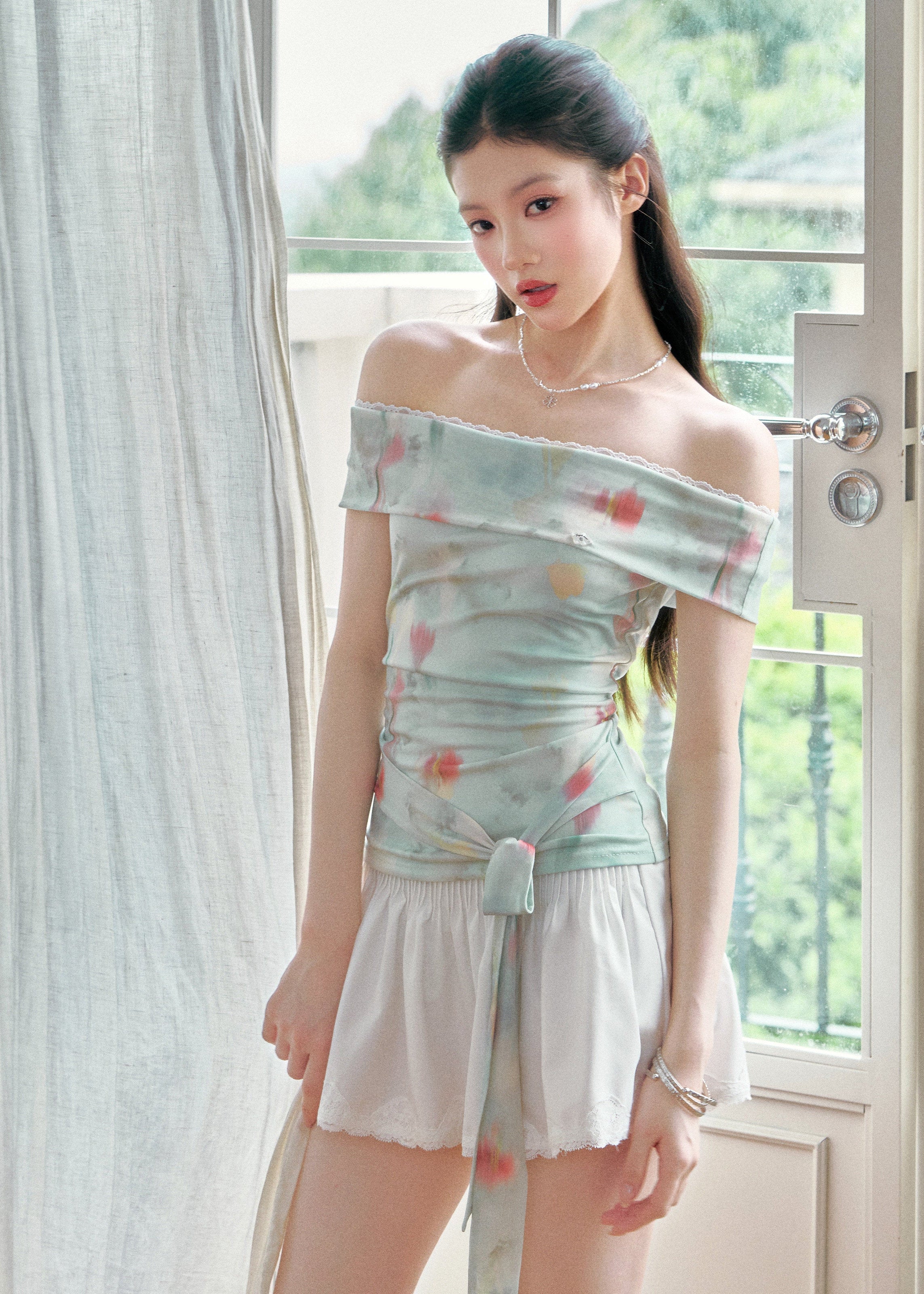 fragileheart top, floral off shoulder top, korean feminine top, mint floral top, slimming summer top, off shoulder t-shirt, romantic floral top, soft girl top, feminine korean fashion, summer date top, draped shoulder top, floral mesh top