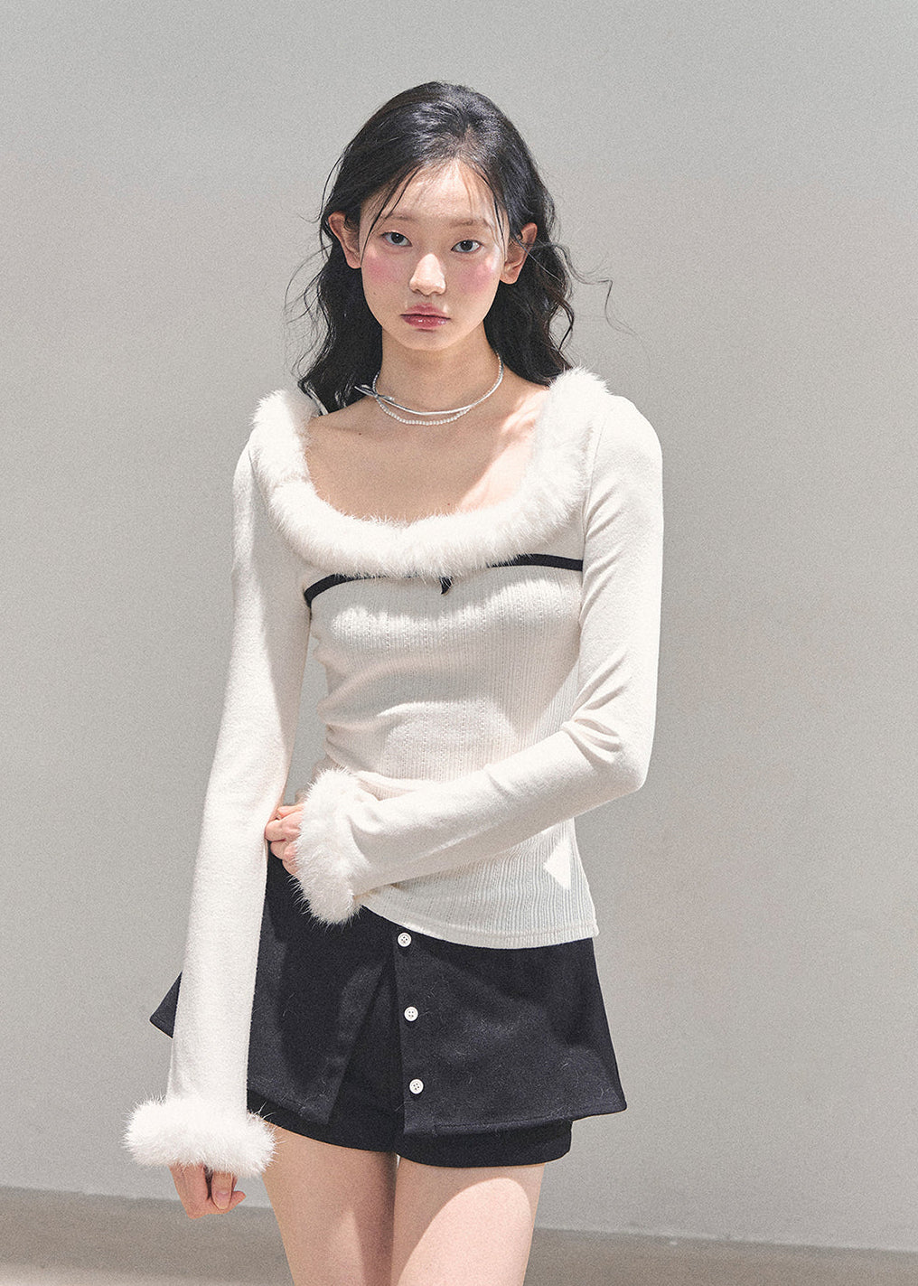 Korean knit top, winter fuzzy trim sweater, faux fur neckline top, soft girl aesthetic clothing, warm winter knitwear, elegant feminine top, scoop neck fur sweater, AOMALM winter collection, soft knit base layer, cozy Korean fashion, romantic winter outfit, long sleeve fur trim shirt, warm cute sweater womens, holiday knit top, Korean winter style 2025, soft touch knitwear, winter layering tops, white fuzzy sweater womens.