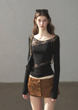Romantic fitted lace top styled with mini shorts