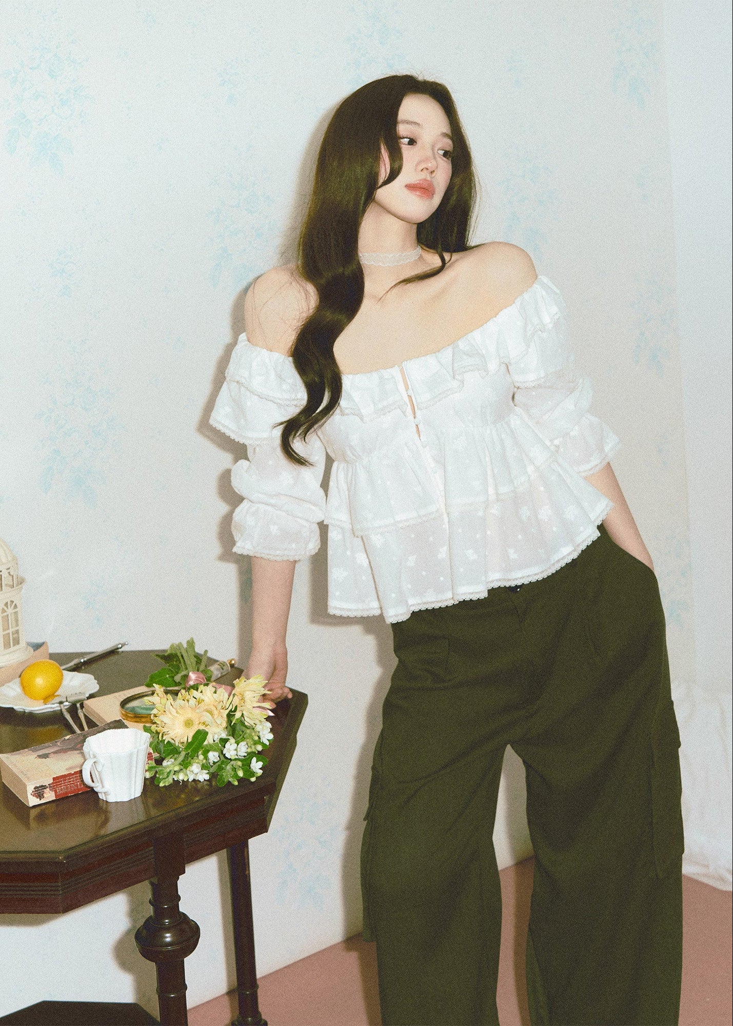 off shoulder ruffle top, cotton lace blouse, embroidered cotton top, Korean feminine blouse, white ruffle blouse, cake ruffle top, lace trim top, romantic summer blouse, playful off shoulder top, pure cotton blouse, feminine vacation top, cottagecore blouse, soft girl summer top, ruffle sleeve blouse, elegant casual top