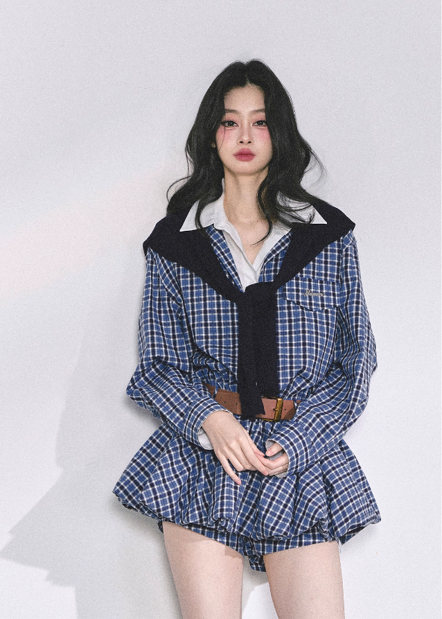 korean plaid dress, two piece set women, korean preppy outfit, hepburn style dress, autumn mini skirt set, belted plaid outfit women, seoul fashion 2025, korean chic preppy look, vintage school girl outfit, trendy korean clothing, blue check dress, elegant french plaid outfit, waist slimming short dress, korean matching set women, nom alm fashion