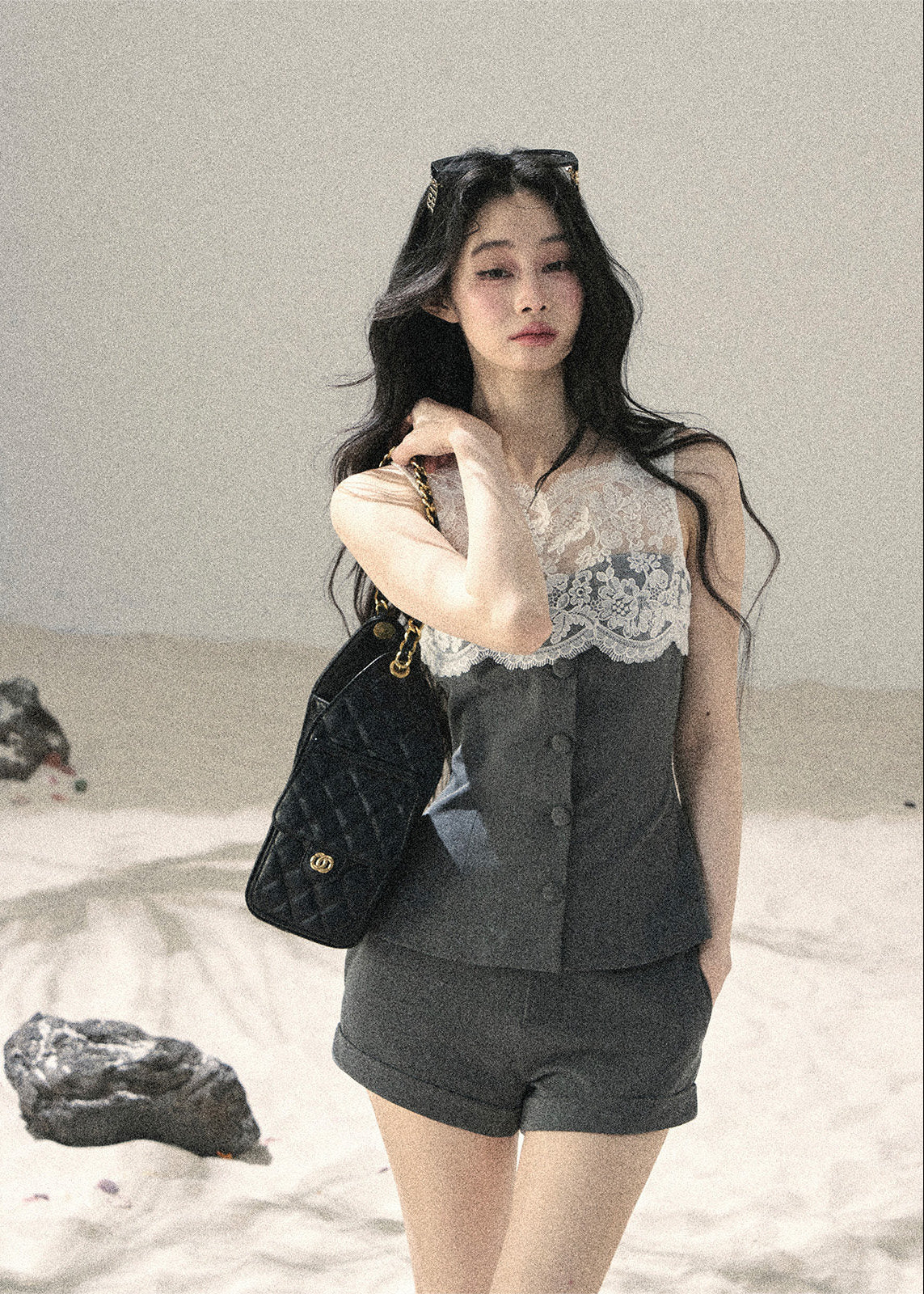 Gray lace-panel top and shorts set
