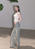 Light wash wide-leg jeans with gold foil finish