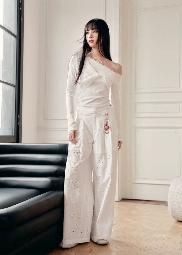 Fragileheart off-shoulder top, white lace blouse, asymmetric draped shirt, luxury Korean fashion, elegant feminine outfit, quiet luxury style, pastel noir aesthetic, winter 2025 collection, modern romantic fashion, ivory one-shoulder knit, soft lace trim top, minimalist luxury wear, Korean chic fashion, delicate off-shoulder blouse
