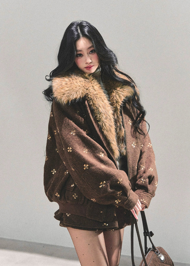 Whisper of Snowfall set, Maillard wool suit, Korean winter outfit, two-piece wool set, faux fur collar jacket, winter skirt set, AOMALM wool outfit, embroidered wool jacket, warm winter coordinates, Korean fashion winter set, cozy jacket and skirt set, feminine winter outfit, stylish wool two-piece, warm Maillard tone outfit, luxury winter clothing, cute winter suit women, Korean style jacket skirt set, soft wool winter wear, brown wool skirt set, fluffy collar winter jacket.