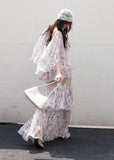 floral two piece set, ruffle maxi skirt set, korean fashion set, romantic floral outfit, vintage floral set, chiffon ruffle top, summer skirt set, feminine two piece outfit, resort wear women, elegant floral maxi set