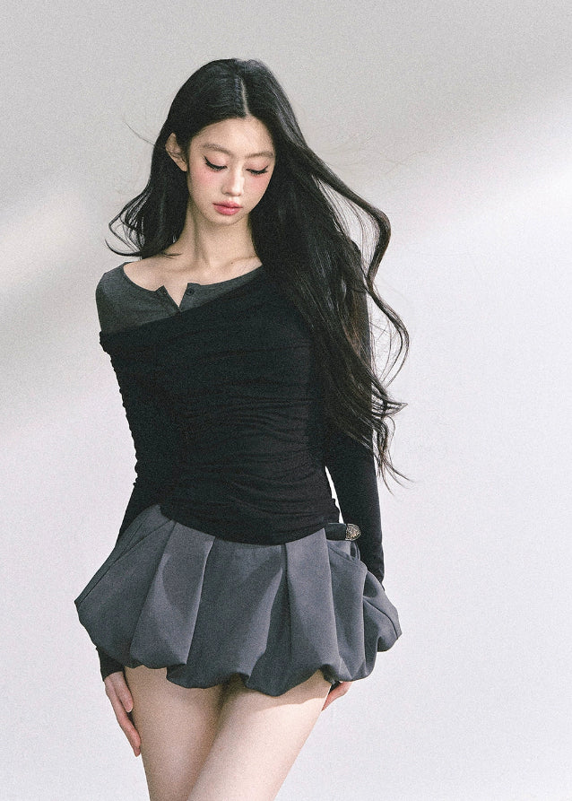 korean off shoulder top, korean fake two piece long sleeve, korean street fashion top women, seoul hot girl outfit, slim waist long sleeve top, korean fall fashion blouse, off shoulder wrap knit top, kfashion minimalist street top, korean aesthetic long sleeve shirt, trendy korean fall outfit, modern korean off shoulder design, slim fit off shoulder top women, layered illusion fashion top, korean street chic fashion, seoul inspired minimalist blouse