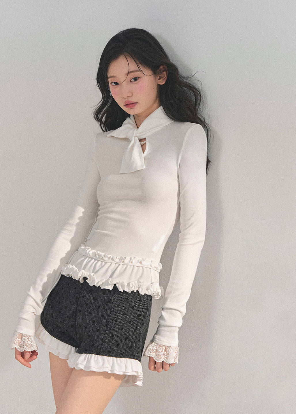 Korean wool suit set, feminine winter outfit, polka dot wool jacket, lace trim shorts set, Korean girly fashion, AOMALM suit set, soft feminine aesthetic, Korean winter clothing, cute wool two-piece, winter date outfit women, lace detail jacket, Korean street style winter, sweet girl fashion, polka dot tweed set, elegant wool short suit, Korean chic outfit, winter feminine suit set, lace trimmed wool jacket