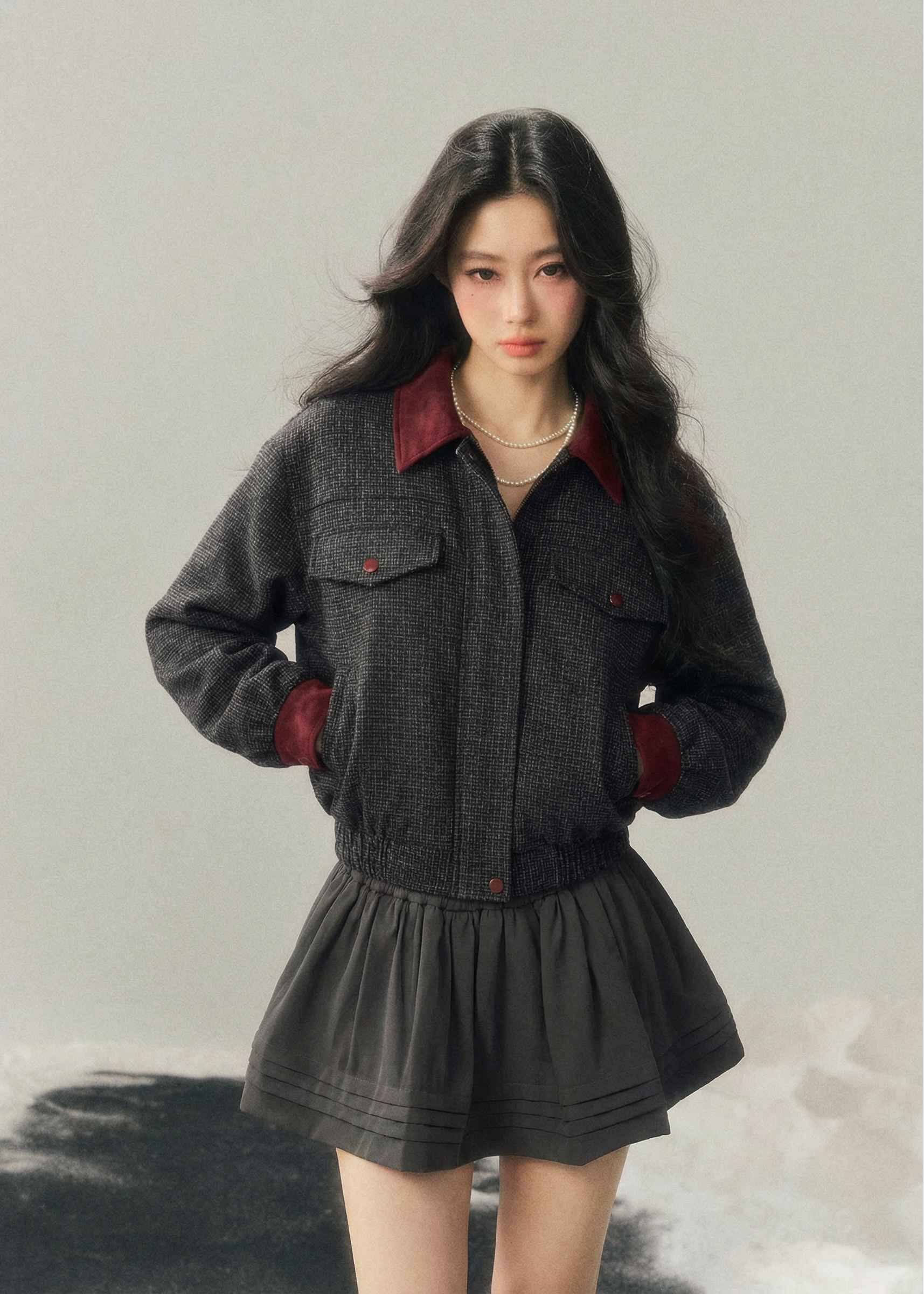 AOMALM wool set, Hepburn style two piece, Korean winter outfit women, wool jacket skirt set, feminine wool suit, brown winter set women, vintage inspired wool outfit, Korean aesthetic winter wear