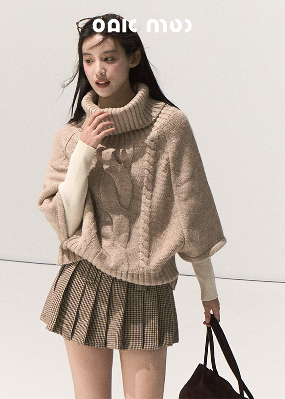 OAKMOO knit sweater, chunky cable knit, turtleneck poncho sweater, winter cape knit top, coarse needle sweater, layered knit pullover, Korean street style knit, vintage cable turtleneck, oversized winter knit, fall winter knitwear women