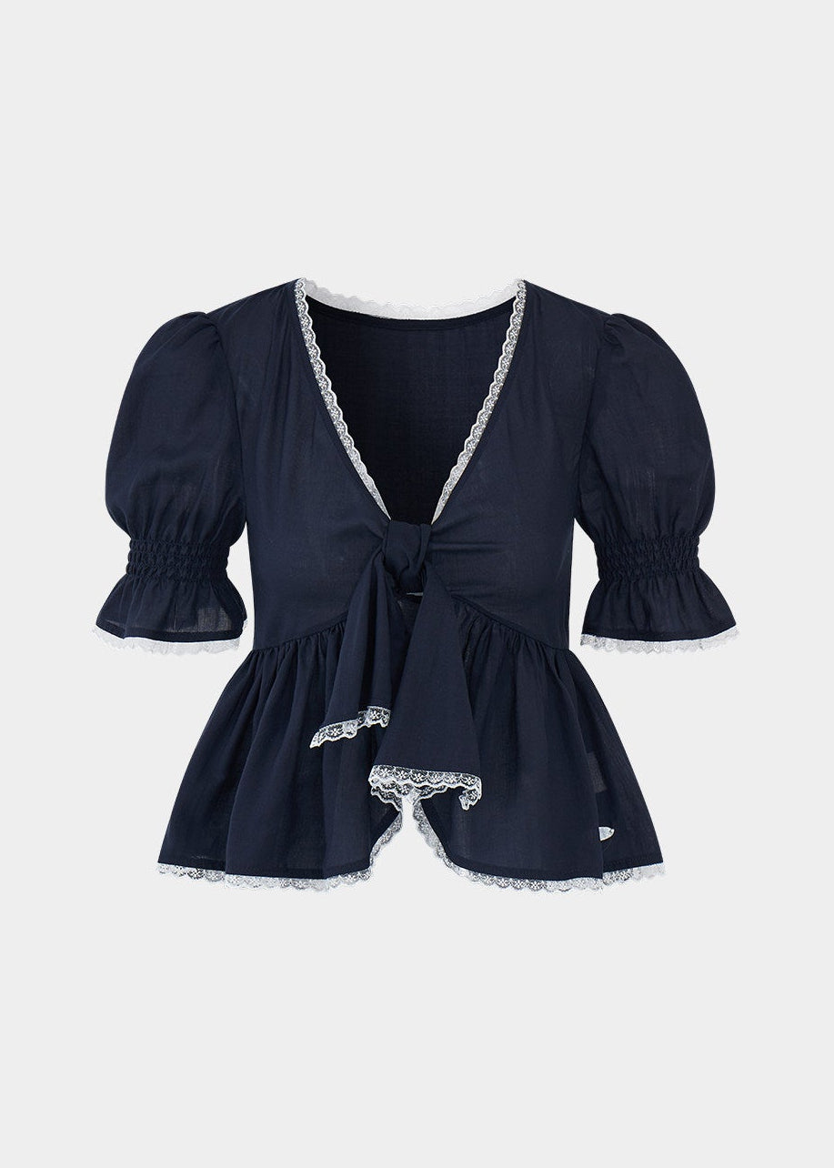 puff sleeve lace top, tie front blouse, French V neck top, Lyocell blouse women, romantic lace trim top, feminine Korean blouse, irregular tie top, soft summer blouse, puff sleeve summer top, elegant casual blouse, cute date outfit top, lightweight feminine blouse, navy lace blouse, French romantic top, dressy casual women top