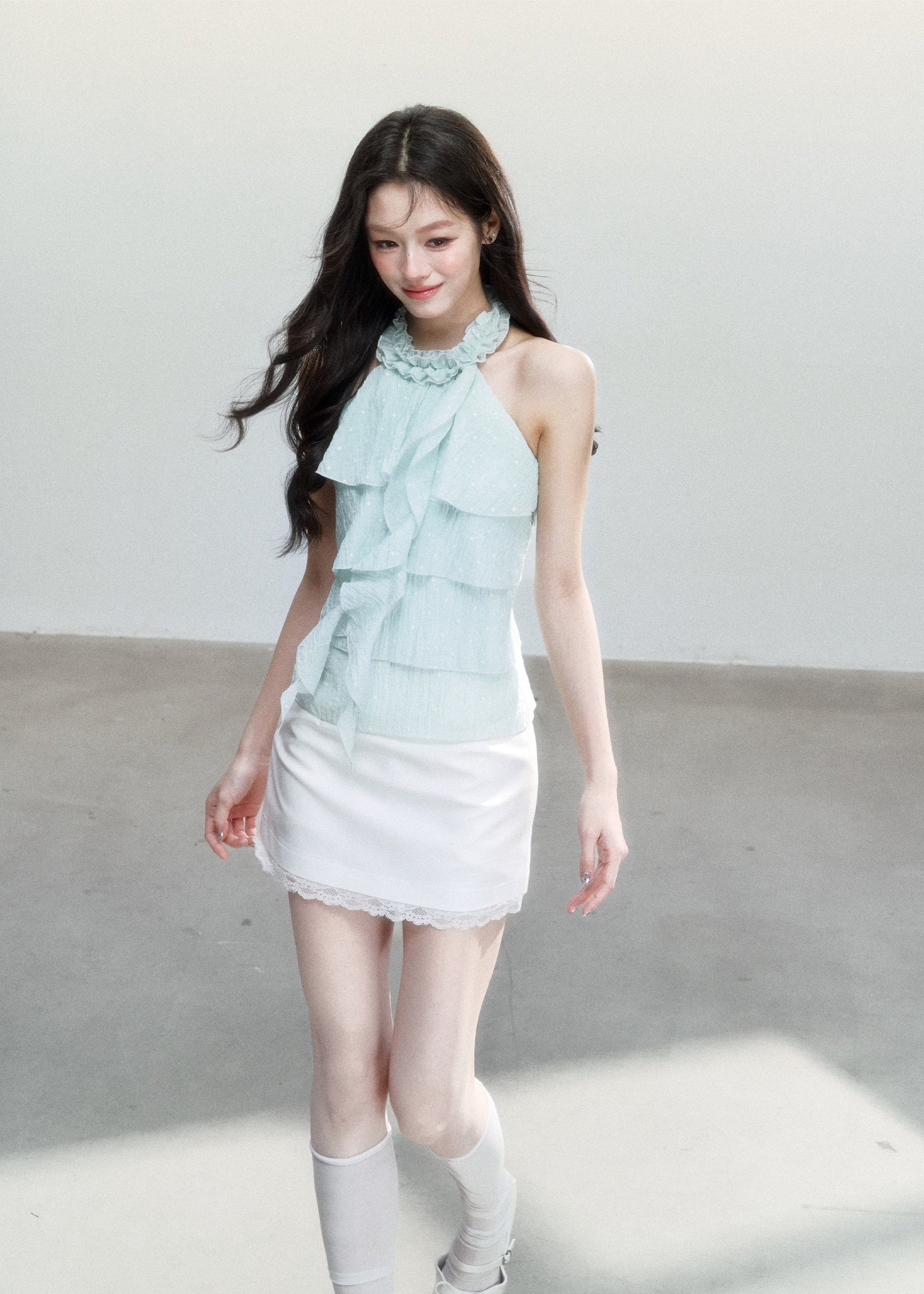 fragileheart top, mint halter camisole, ruffle camisole top, korean feminine top, mint green summer top, polka dot cami, sweet korean fashion, ruffled halter top, soft girl camisole, summer cami top, feminine resort top, cute mint top