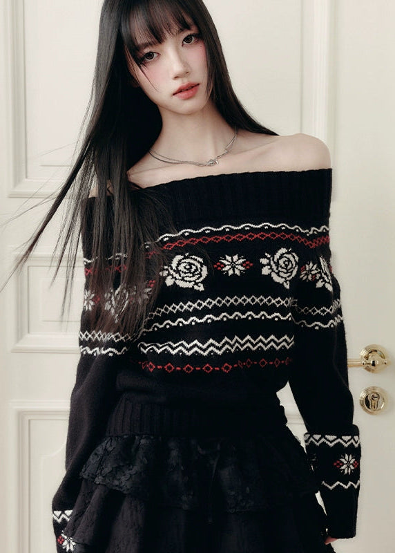 Fragileheart knit sweater, off-shoulder Fair Isle top, rose jacquard knitwear, luxury Korean fashion, Parisian romantic sweater, quiet luxury winter style, pastel noir aesthetic, elegant black knit top, K-fashion 2025, feminine winter outfit, cozy off-shoulder pullover, soft romantic fashion, vintage rose sweater, delicate feminine knit
