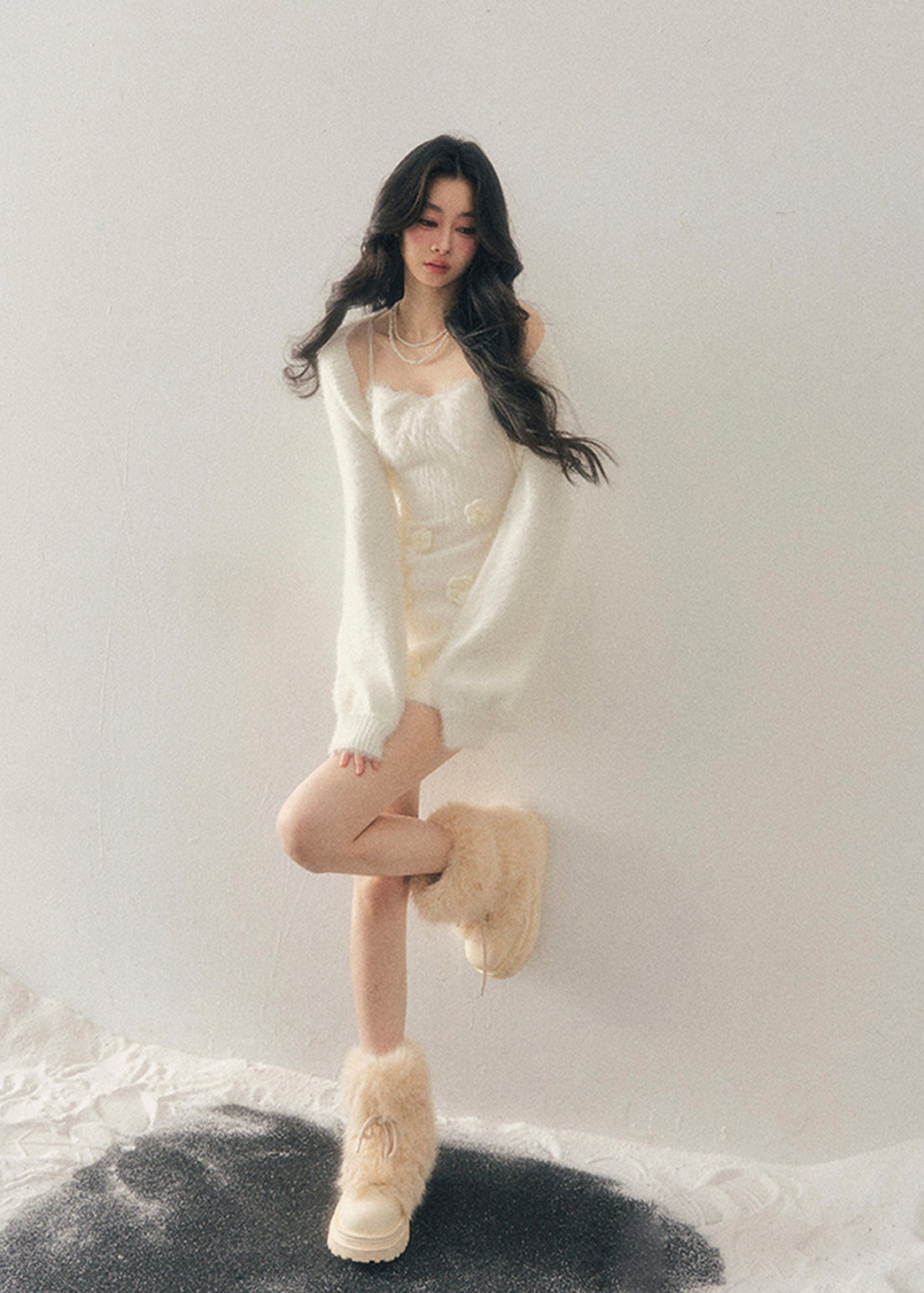 AOMALM dress, Korean winter dress, feminine knit dress, floral mini dress, 3D flower dress, sweet winter outfit, slim fit knit dress, French style dress, soft girl aesthetic, Korean fashion women, winter mini dress, elegant knit dress, romantic winter dress, aesthetic slip dress, trendy women’s dress, Korean aesthetic outfit, cozy winter dress