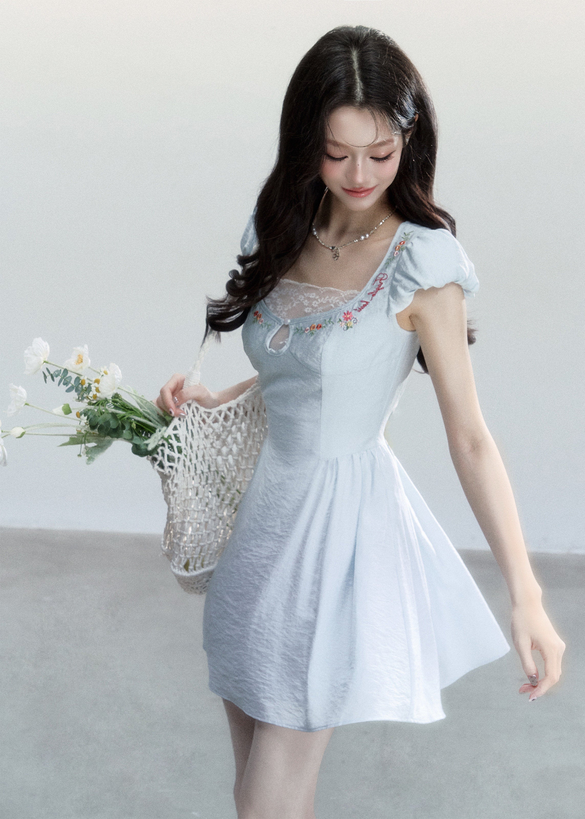fragileheart dress, blue embroidered dress, lace mini dress, korean feminine dress, sweet summer dress, resort style dress, daisy embroidered dress, soft blue mini dress, feminine korean fashion, summer date dress, floral lace dress, romantic mini dress