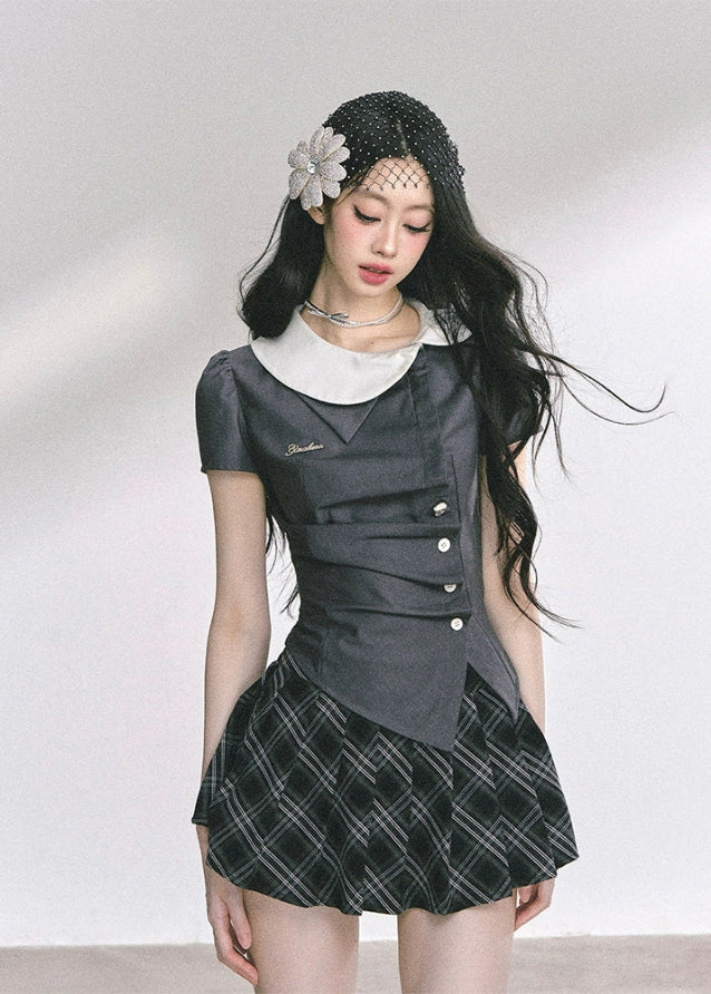 korean school girl outfit, two piece set women, y2k mini skirt set, seoul street fashion, preppy aesthetic outfit, short sleeve suit top, hot girl style clothing, korean fashion 2025, pleated mini skirt set, chic uniform look, korean preppy outfit, trendy korean set, summer matching outfit women, elegant french korean fashion