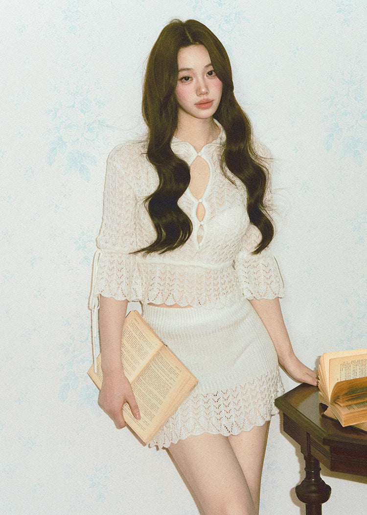 hollow knit top and skirt set, French knit skirt set, feminine Korean two piece set, cream knit mini skirt set, romantic knit outfit women, soft knit matching set, slim fit top and skirt set, elegant mini skirt set, dressy knit co-ord women, cute Korean skirt set, date outfit two piece set, soft cream knit set, fitted knit top women, feminine coordinated outfit, LaLuneDuCiel style clothing