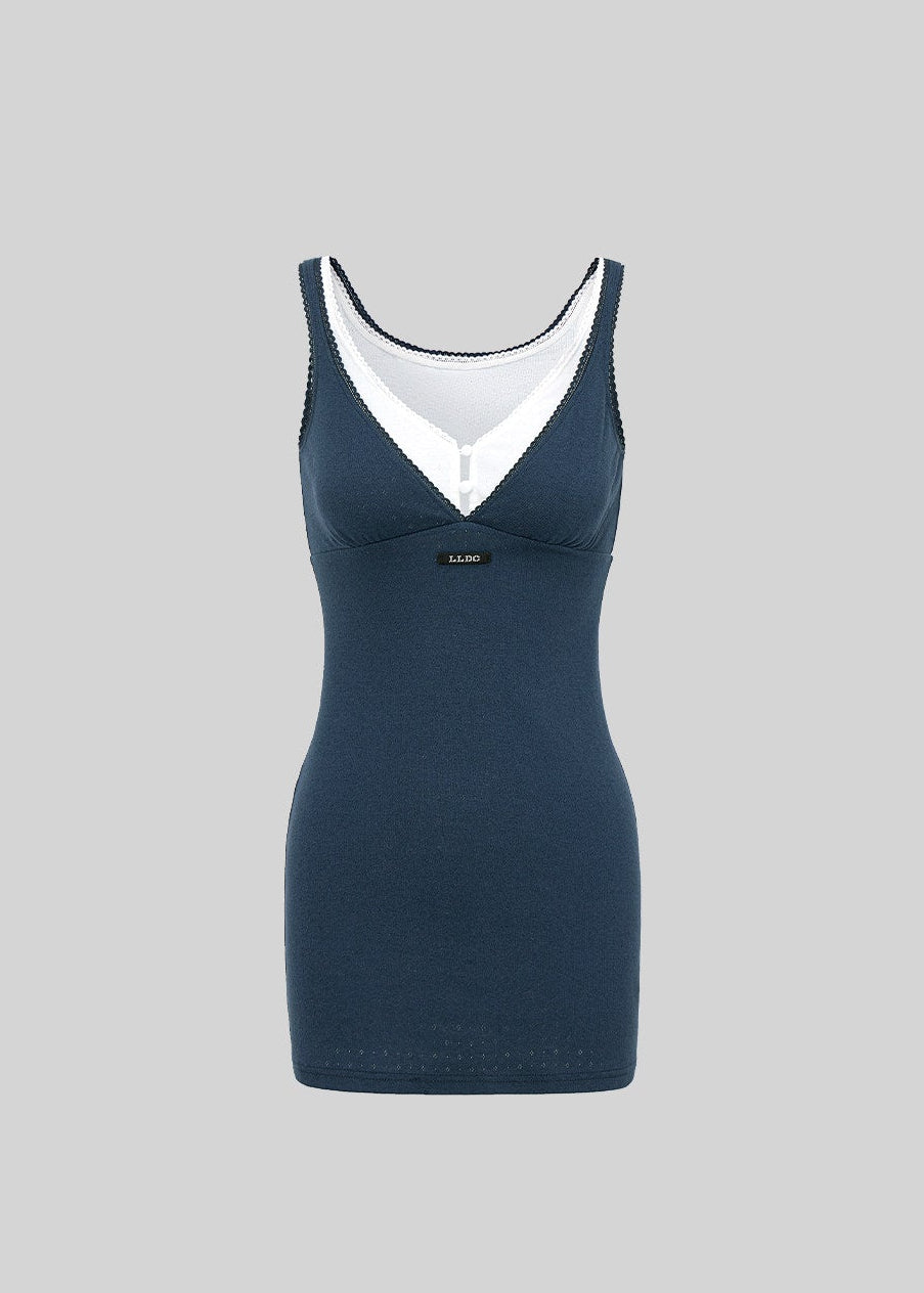 lace trim strap dress, fake two piece dress, slimming mini dress, Korean feminine dress, olive green mini dress, navy strap dress, summer mini dress, hollow lace dress, feminine vacation dress, slim fit dress, romantic Korean fashion, casual summer dress, lace neckline dress, date outfit dress, soft V neck mini dress