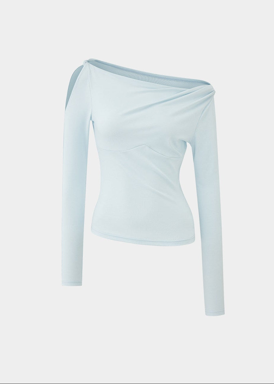 off shoulder top women, tencel long sleeve top, asymmetrical neckline top, korean fashion top, slim fit tee women, minimalist long sleeve top, breathable fabric top, modern feminine clothing, casual chic top, fitted long sleeve shirt, soft knit top women, versatile everyday top, aesthetic fashion top, parisian style clothing, clean line top, lightweight layering top, refined casual wear, edgy feminine outfit, simple design top, contemporary fashion women