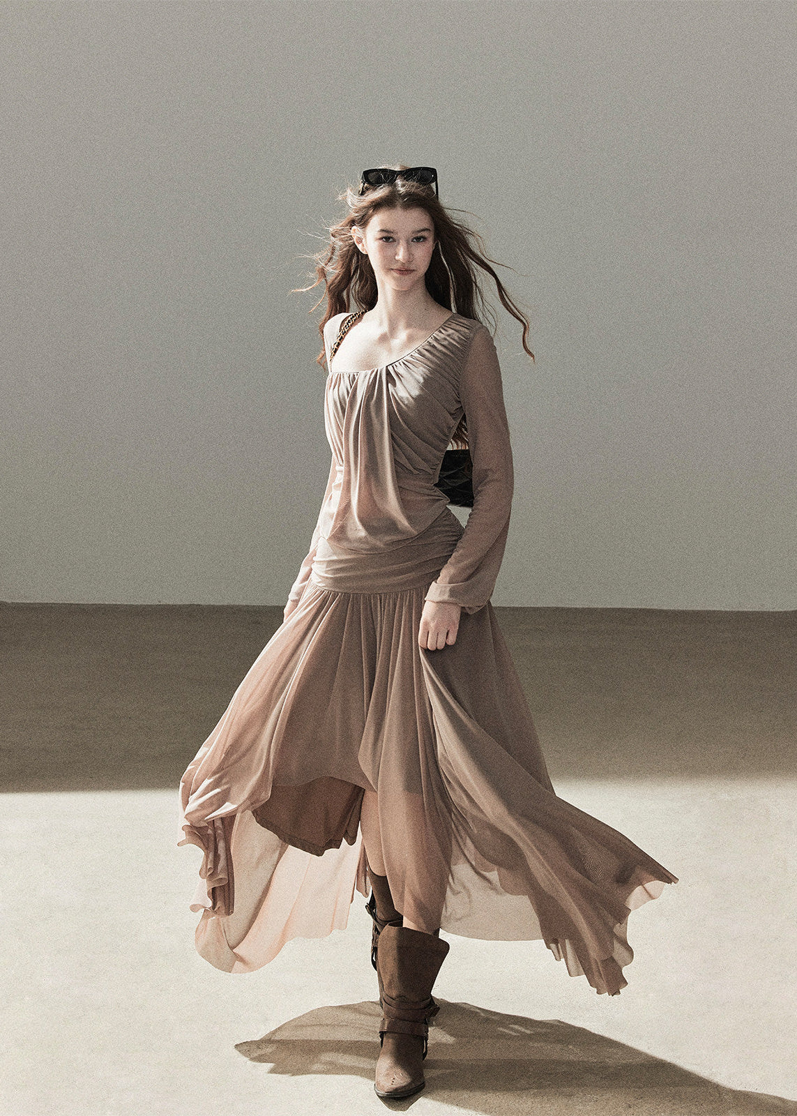 Draped taupe top and maxi skirt two-piece set