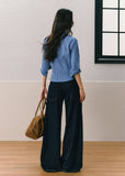 Dark indigo wide-leg jeans with contrasting diagonal front lines