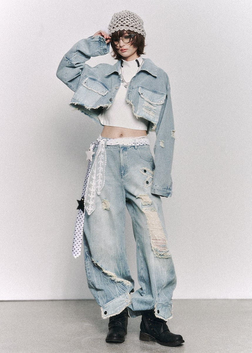cropped denim jacket women, distressed denim jacket, grunge outfit women, edgy outfit women, street style jacket, punk style clothing, y2k edgy outfit, alternative fashion women, cropped jean jacket, raw edge denim jacket, urban streetwear women, vintage washed jacket, short denim jacket women, rebellious fashion outfit, underground fashion women, statement denim jacket, casual street outfit, modern grunge style, edgy streetwear women, distressed cropped jacket
