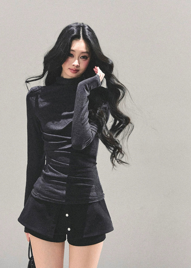 semi turtleneck top, Korean style knit top, slim fit long sleeve shirt, autumn winter base layer, women’s fitted turtleneck, AOMALM top, hot girl style top, gray slim top, stretchy knit shirt, Korean fashion 2025, feminine style top, sleek silhouette shirt, chic winter tops, layering knit top, soft turtleneck tee, body shaping knit shirt, casual elegant top, warm winter knitwear, stylish women’s tops, minimal Korean fashion