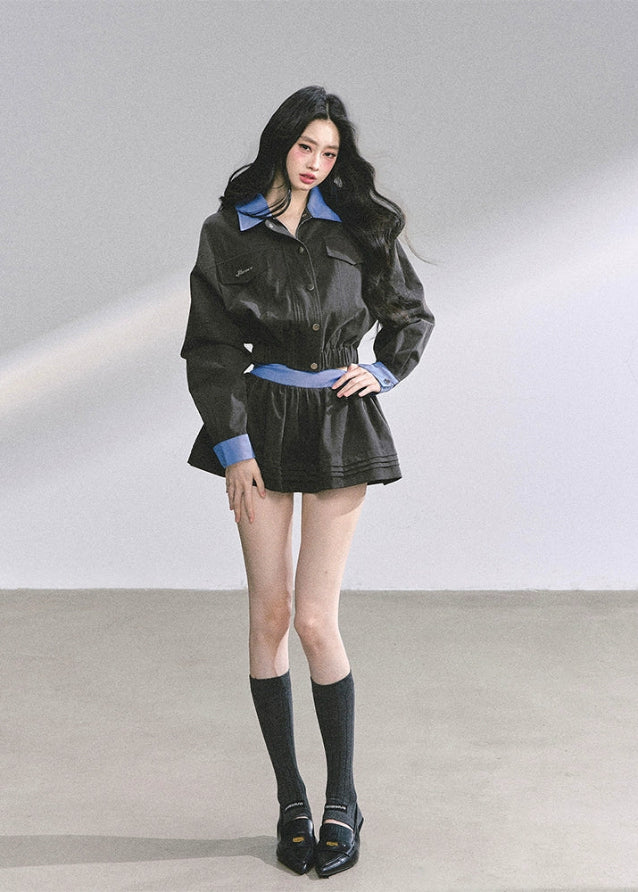 korean cargo skirt set women, hepburn style two piece set, korean fashion autumn suit, utility jacket mini skirt outfit, seoul street style set, french inspired outfit women, chic korean jacket skirt, black cargo jacket women, korean preppy style outfit, modern elegant korean fashion, hepburn mini skirt set, high end autumn women set, korean two piece skirt set, cargo chic streetwear women, korean hot girl outfit fall