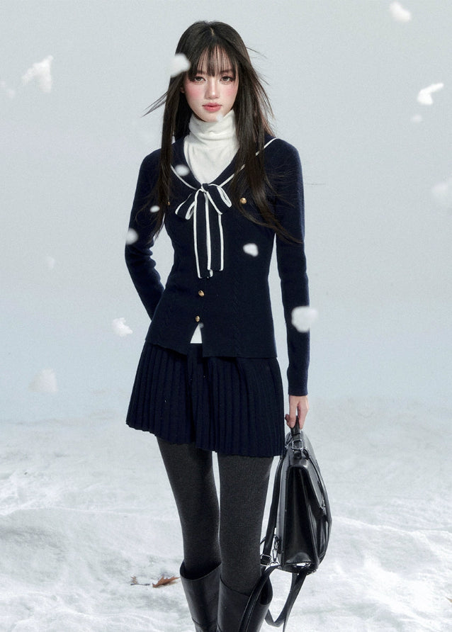 Fragile Heart navy knit top, bow tie sweater, sailor collar knit blouse, Korean girly knitwear, feminine ribbon sweater, waist-slim knit top, soft waxy knit shirt, pretty navy bow top, winter Korean romantic sweater, cute preppy knit blouse, AW feminine soft knit top