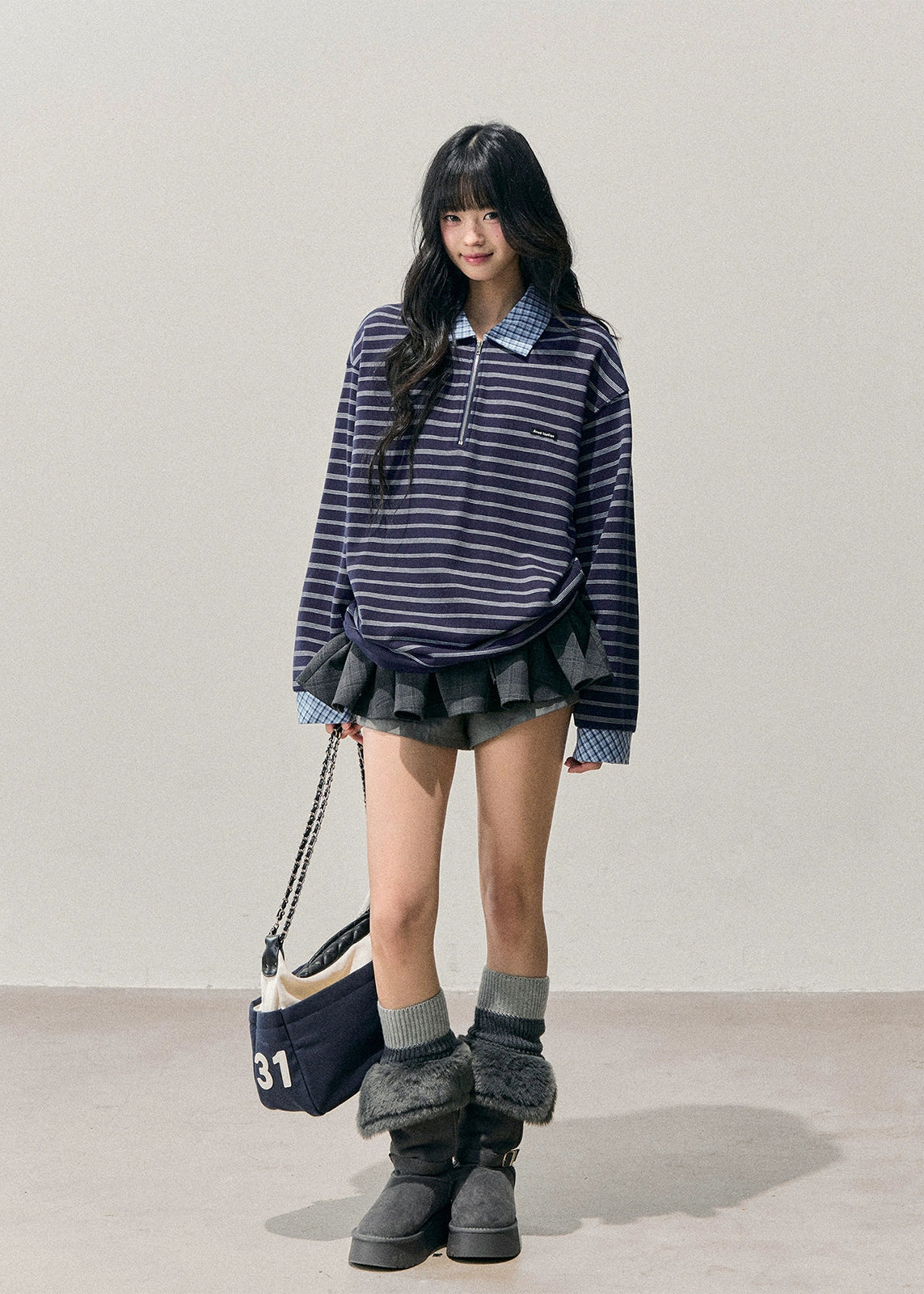 fake two top, layered polo knit, striped long sleeve top, AOMALM top, Korean fashion knit, winter striped polo, preppy layered shirt, women’s fake two sweater, soft knit pullover, autumn winter tops, Korean aesthetic outfit, American striped tee, polo collar knit, layered look sweater, casual winter knit top, streetwear Korean top, feminine preppy clothing, blue striped knit, layered illusion top