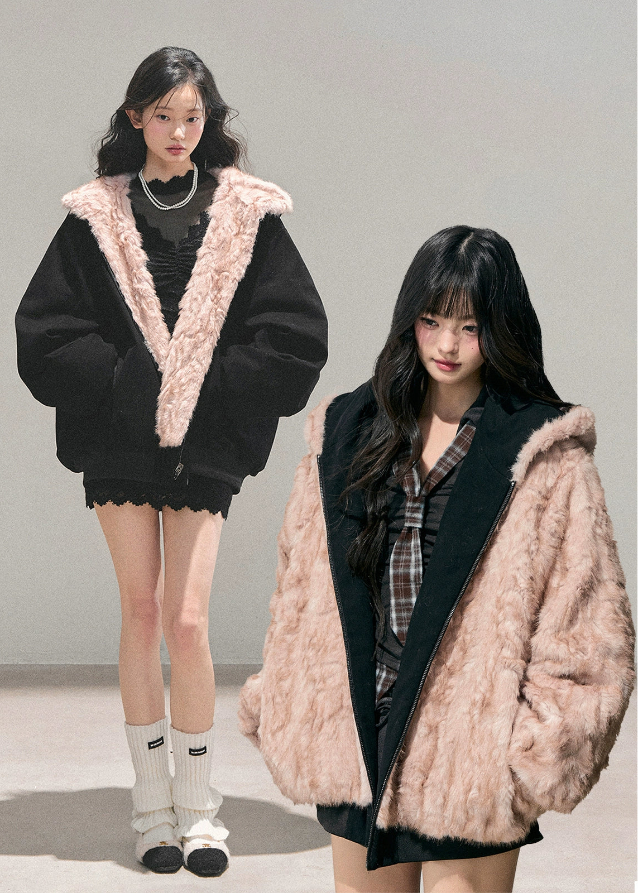 reversible plush jacket, Korean winter coat, AOMALM jacket, fluffy hooded coat, faux fur hoodie, winter warm jacket women, sweet girl winter fashion, reversible fur coat, Korean style outerwear, cozy plush hoodie, soft fur jacket, warm cute jacket, winter aesthetic coat, feminine winter outfit, dual-side jacket, fluffy reversible coat, winter streetwear, hooded plush coat, warm sweatshirt jacket, soft girl winter style