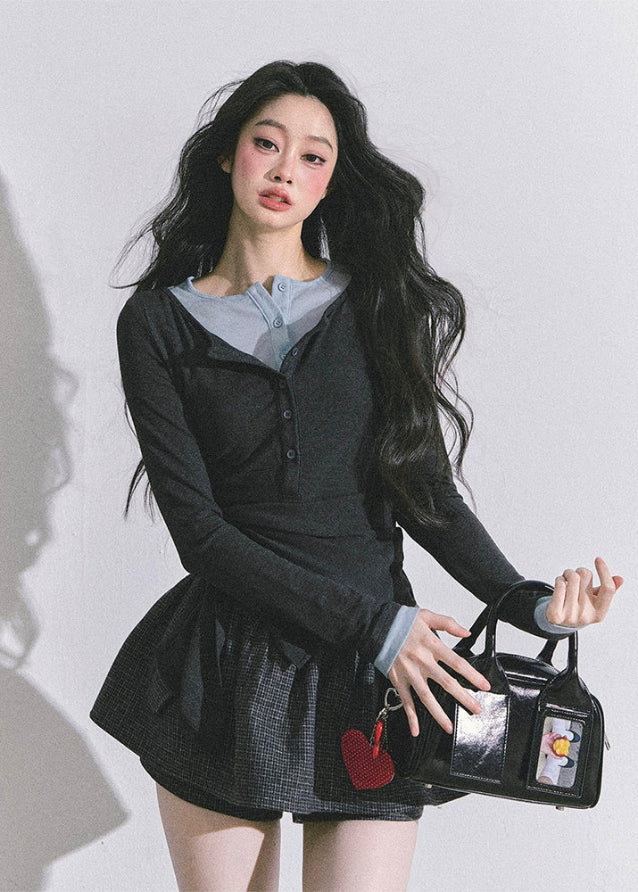 layered long sleeve top, fake two piece shirt, double layer tee, Korean fashion top, Korean-American street style, fitted long sleeve shirt, waist slimming top, hot girl aesthetic top, two tone collar top, casual layered tee, slim fit autumn top, trendy Korean tops for women, schoolgirl style top, aesthetic streetwear top, fall fashion womens tops, Y2K layered style, chic long sleeve shirt, boutique fashion tops, modern layered knit top
